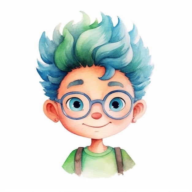 A watercolor drawing of a boy with blue hair and a green shirt with the word pixie on it.