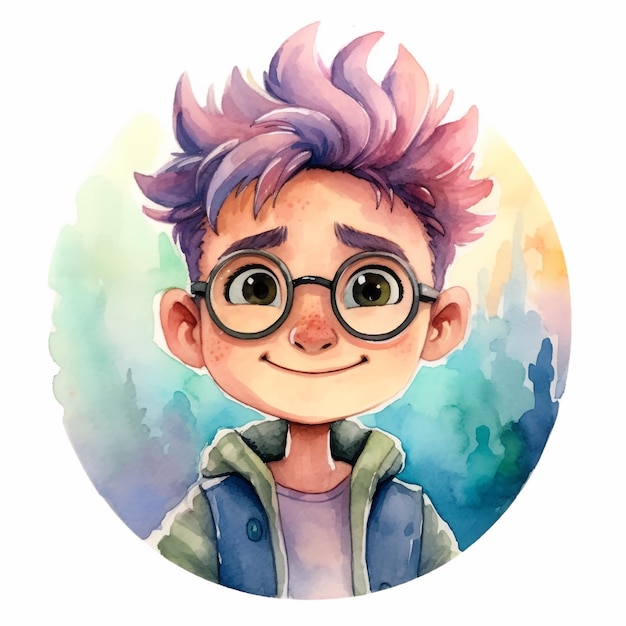 A watercolor drawing of a boy with glasses and a blue vest that says'i'm a boy '