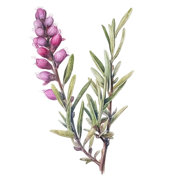 A watercolor drawing of a branch of a plant with purple flowers.