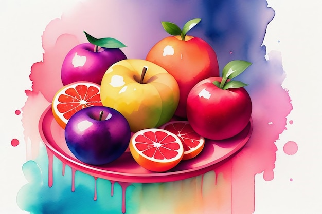 Watercolor drawing of bright apples and citrus fruits on a colored background