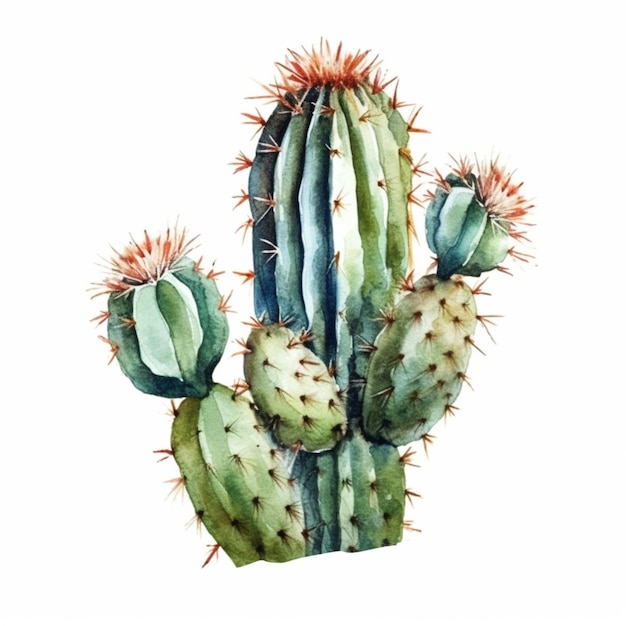 A watercolor drawing of a cactus with red flowers.
