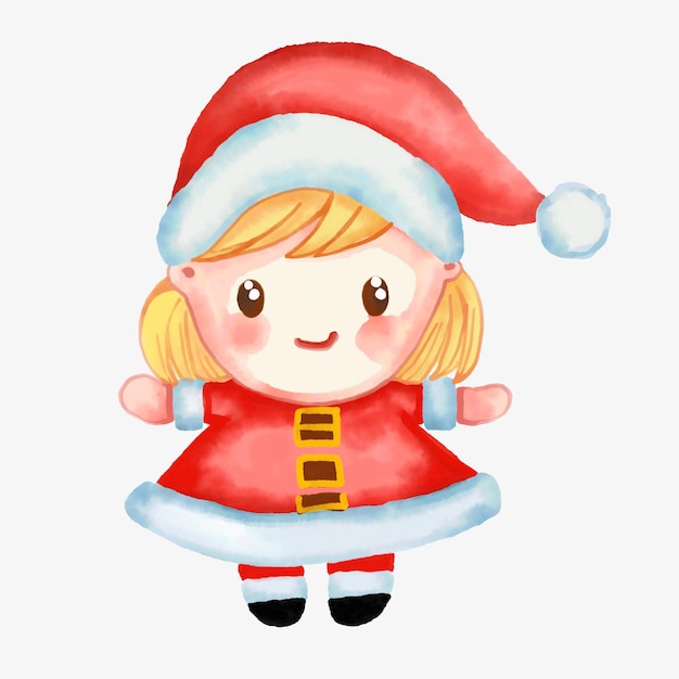 Watercolor and drawing for cartoon smile snow baby doll and merry red hat isolated white background