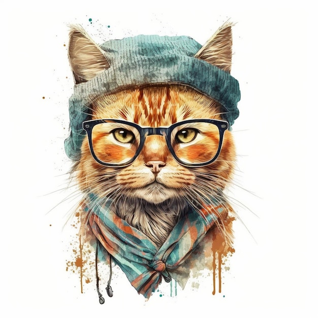 帽子と眼鏡をかけた猫の水彩画