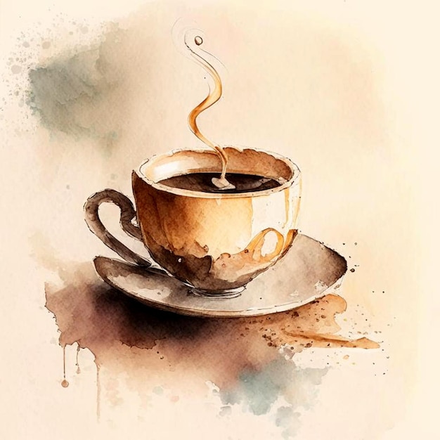 Watercolor drawing ceramic cup of hot coffee with milk or cappuccino