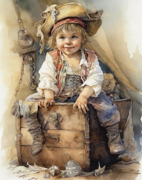 어린 소년의 수채화 그리기 해적 의상을 입은 웃는 행복한 소년의 초상화