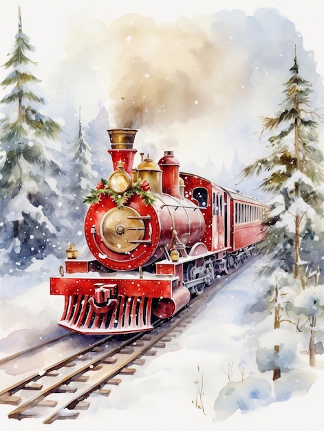 watercolor drawing of Christmas fairy train holiday card