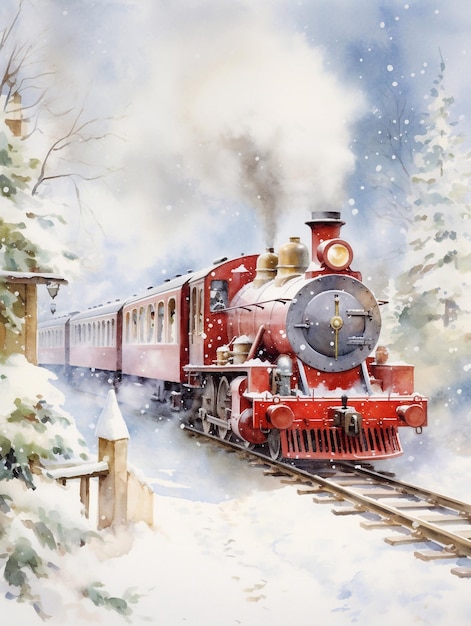 クリスマス・フェアリー・トレイン・ホリデー・カードの水彩画