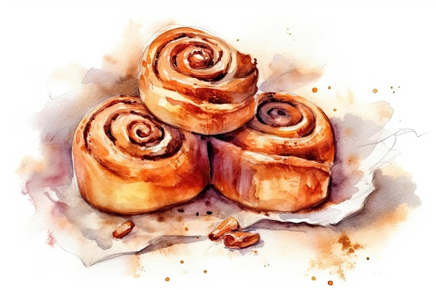 Watercolor Drawing Cinnamon Rolls On White Background Generative AI