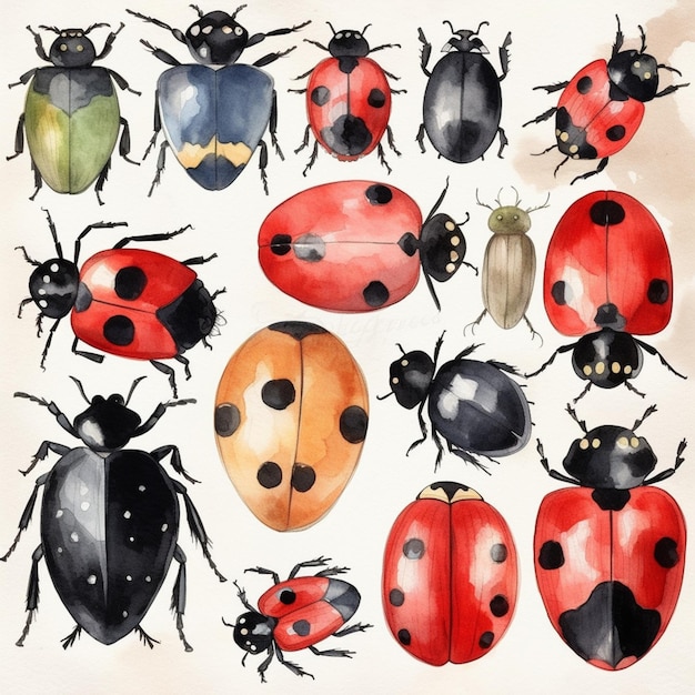 A watercolor drawing of a collection of beetles.