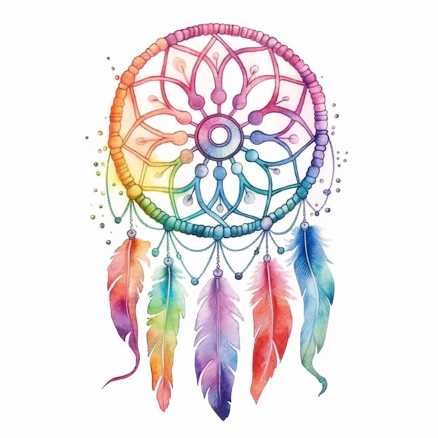 Photo a watercolor drawing of a colorful dream catcher with feathers generative ai