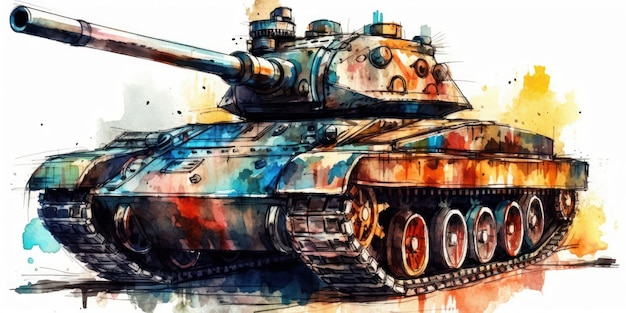 Watercolor drawing of combat tank