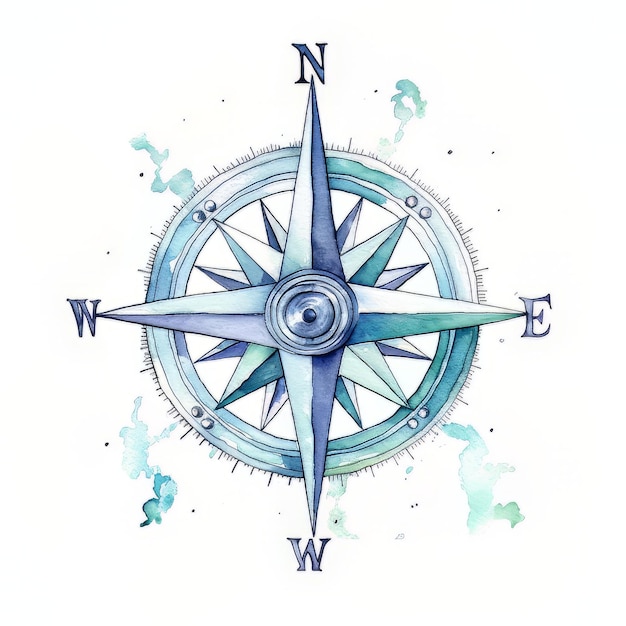A watercolor drawing of a compass with the letter n on it