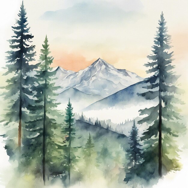 Photo watercolor drawing of coniferous forest and mountains