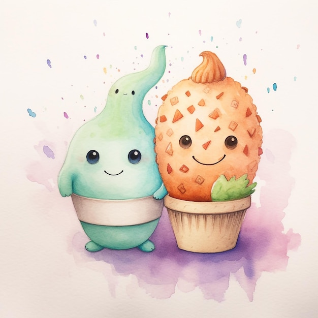 A watercolor drawing of a couple of pineapples and one of them is holding a pineapple.