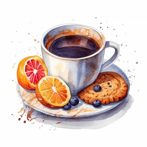 A watercolor drawing of a cup of coffee and a cookie
