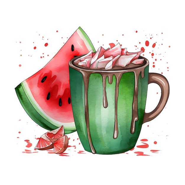 Watercolor drawing of a cup of watermelon and a watermelon.