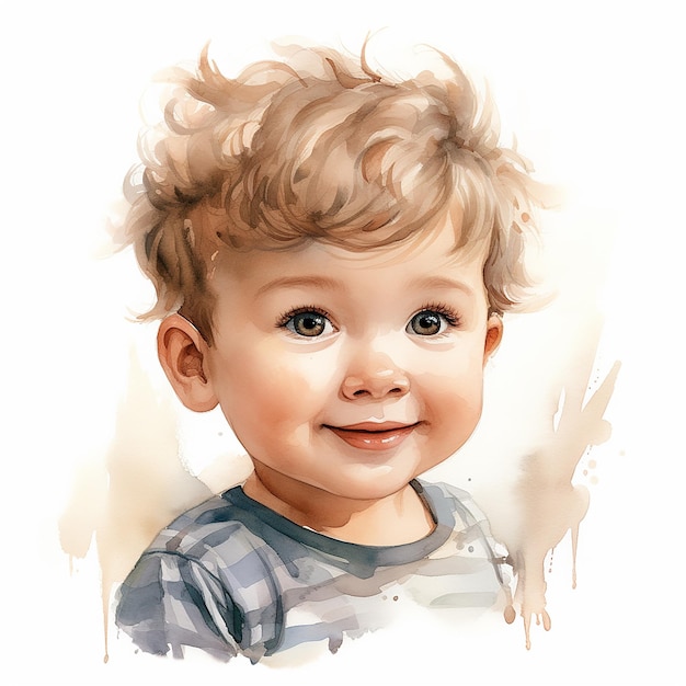 watercolor drawing of a cute baby portrait of a cute little preschool boy