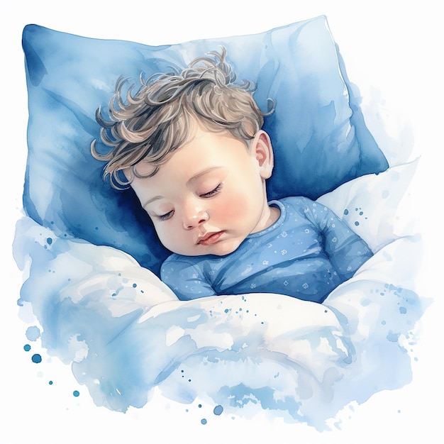 watercolor drawing of a cute baby sleeping the boy in blue pajamas is sleeping