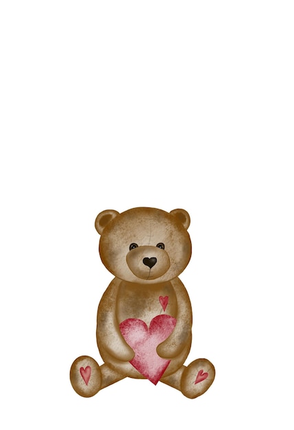 Photo watercolor drawing of a cute bear with a heart valentines day card template with cute teddy bear