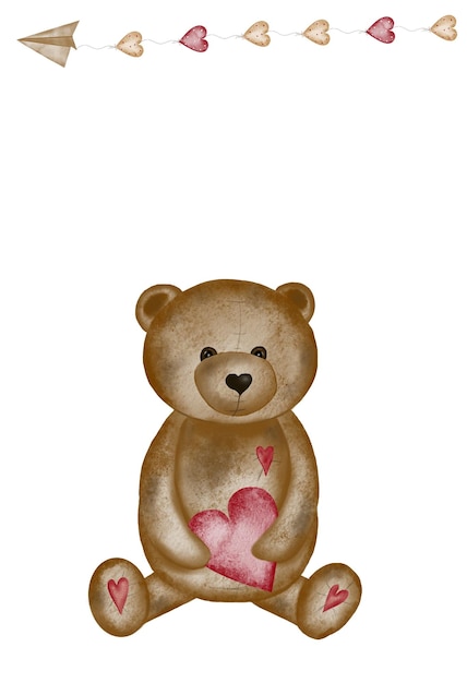 Photo watercolor drawing of a cute bear with a heart valentines day card template with cute teddy bear