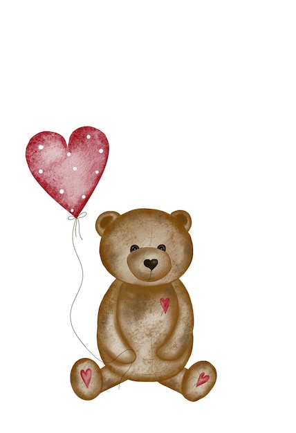 Watercolor drawing of a cute bear with a love heart ballon valentines day card template with cute