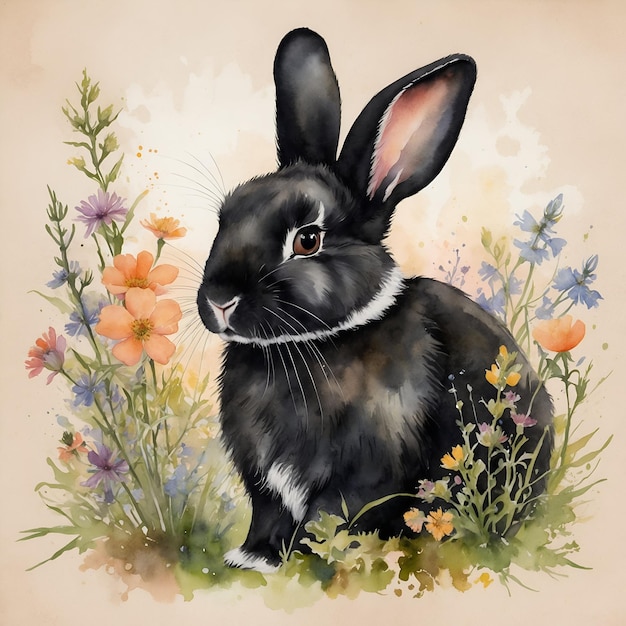 Watercolor drawing of a cute black bunny in a field of flowers