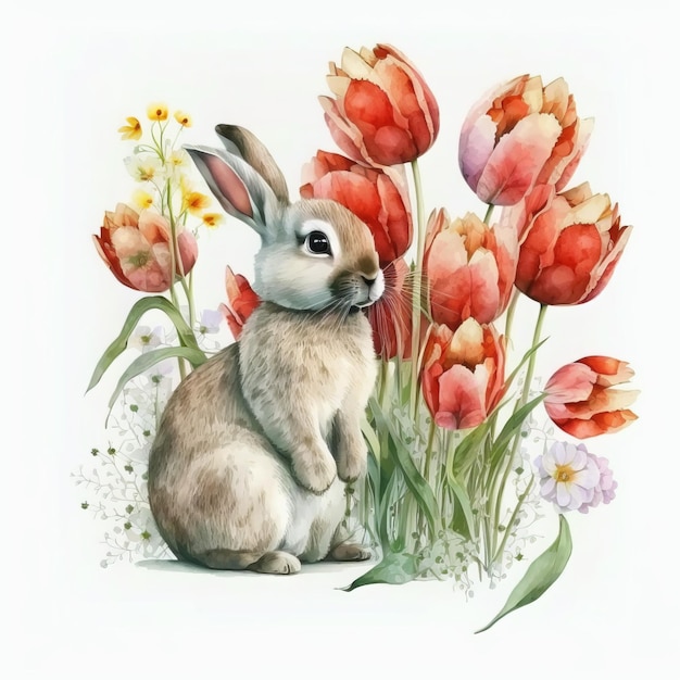 Watercolor drawing cute easter bunny with flowers decoration