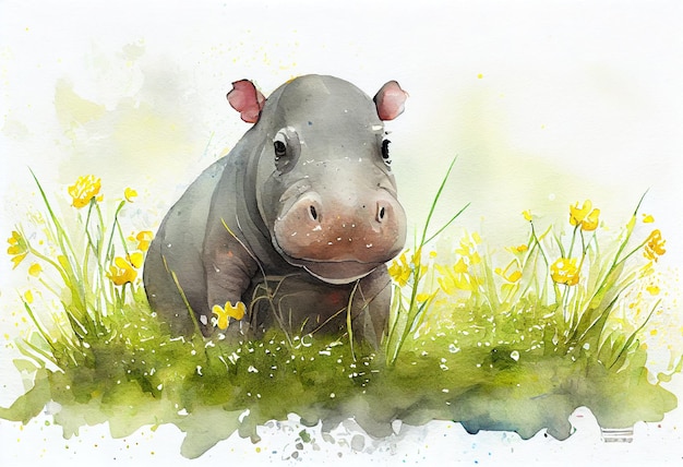 Watercolor drawing of a cute hippo watercolor illustration Generative AI