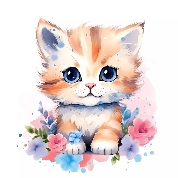 Watercolor drawing of a cute kitten