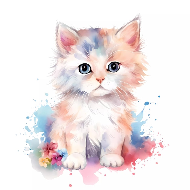Watercolor drawing of a cute kitten