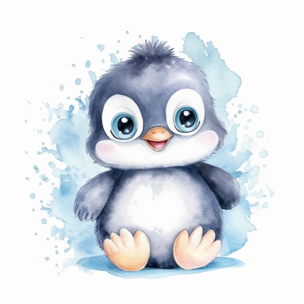 A watercolor drawing of a cute penguin with blue eyes.