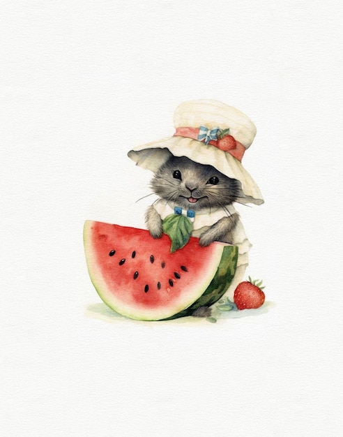 watercolor drawing of a cute rabbit and a piece of watermelon a bunny eats fruit