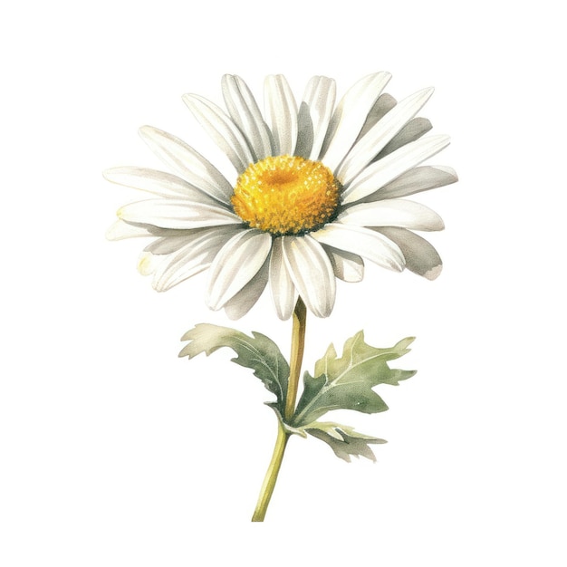 A watercolor drawing of a daisy with a green stem.