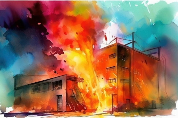 Акварельный рисунок опасного городского пожара