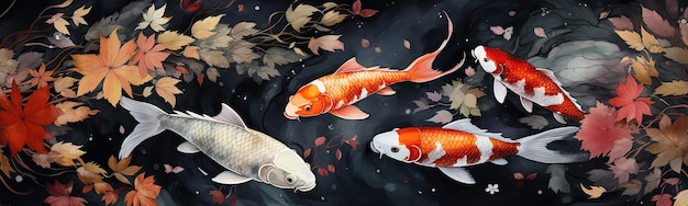 Photo watercolor drawing of a dark pond with red koi fish horizontal banner with japanese colored carp