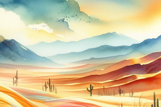 Watercolor drawing of a desert under the sun Abstract vintage background