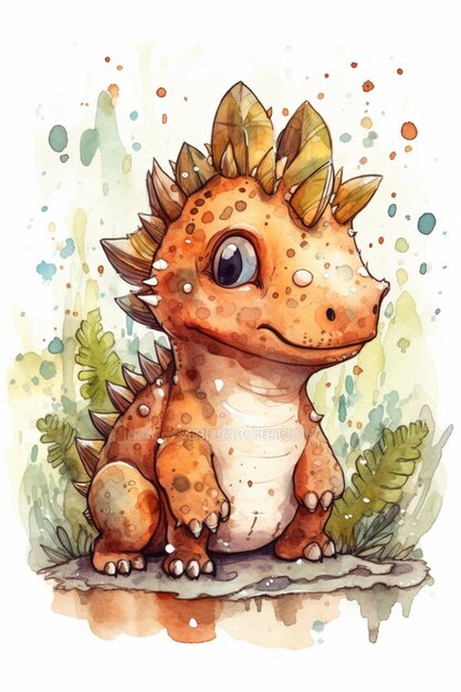 A watercolor drawing of a dinosaur with a short spikey mane.