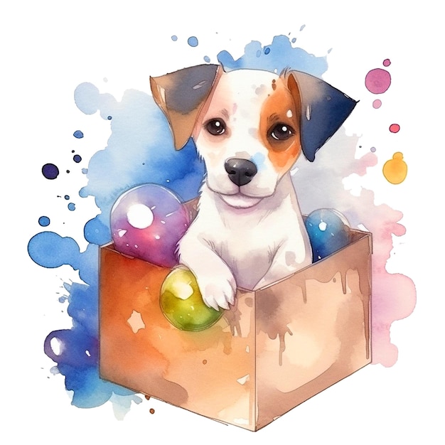 Watercolor drawing of a dog in a box