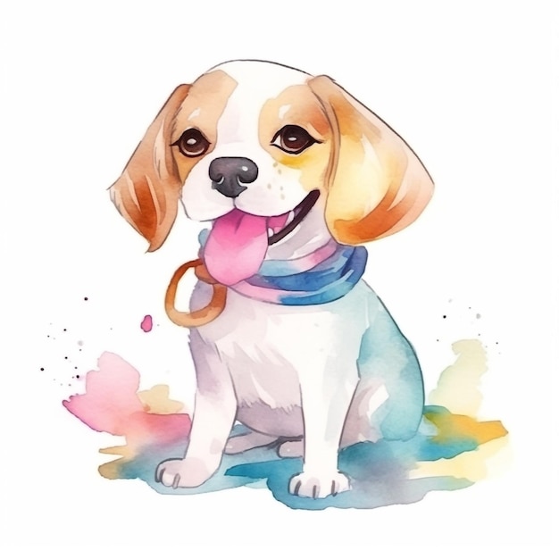 Watercolor drawing of a dog with a blue collar and a pink tongue.