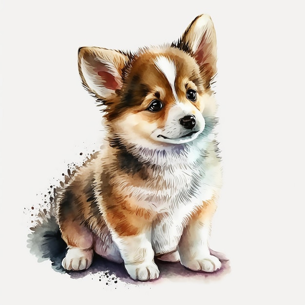 A watercolor drawing of a dog with a brown corgi puppy.