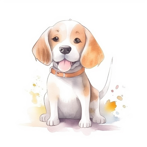 Watercolor drawing of a dog with a collar that says'beagle'on it