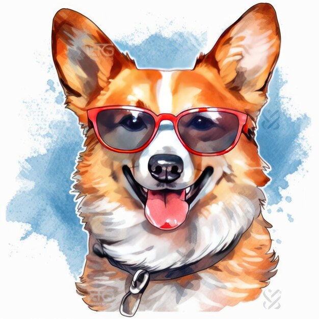 Watercolor drawing of a dog with sunglasses and a red hat.
