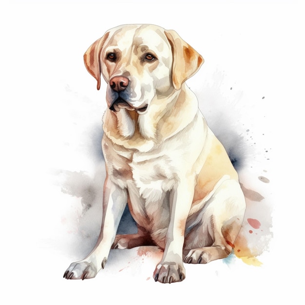 A watercolor drawing of a dog in yellow colors.
