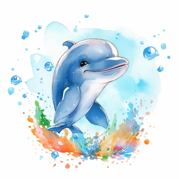 A watercolor drawing of a dolphin with the word dolphin on the bottom.