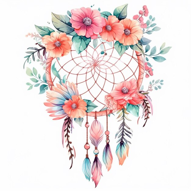 a watercolor drawing of a dream catcher with flowers and feathers generative ai