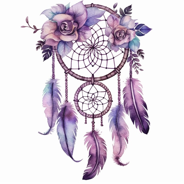 A watercolor drawing of a dream catcher with flowers and feathers generative ai