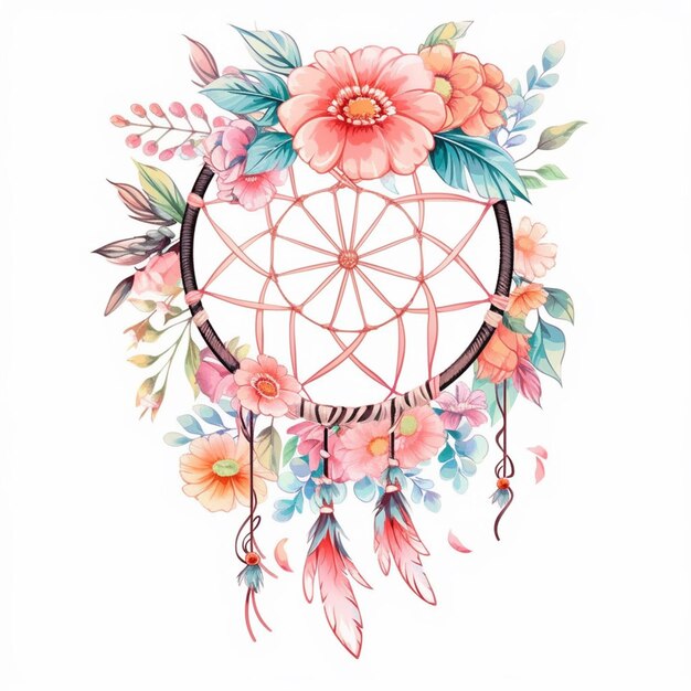 Photo a watercolor drawing of a dream catcher with flowers and leaves generative ai