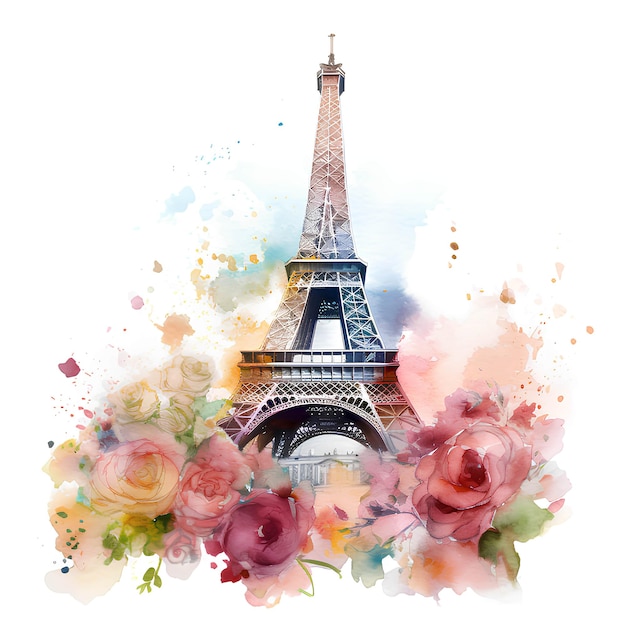 Photo watercolor drawing eiffel tower with flowers floral eiffel tower watercolor