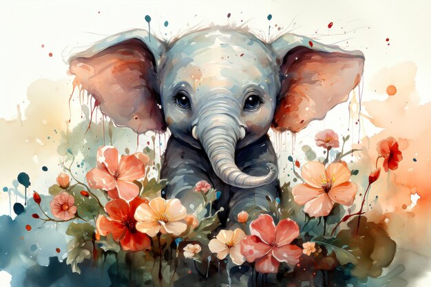 Watercolor drawing of an elephant in a meadow full of flowers