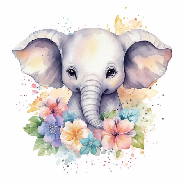 A watercolor drawing of an elephant with flowers